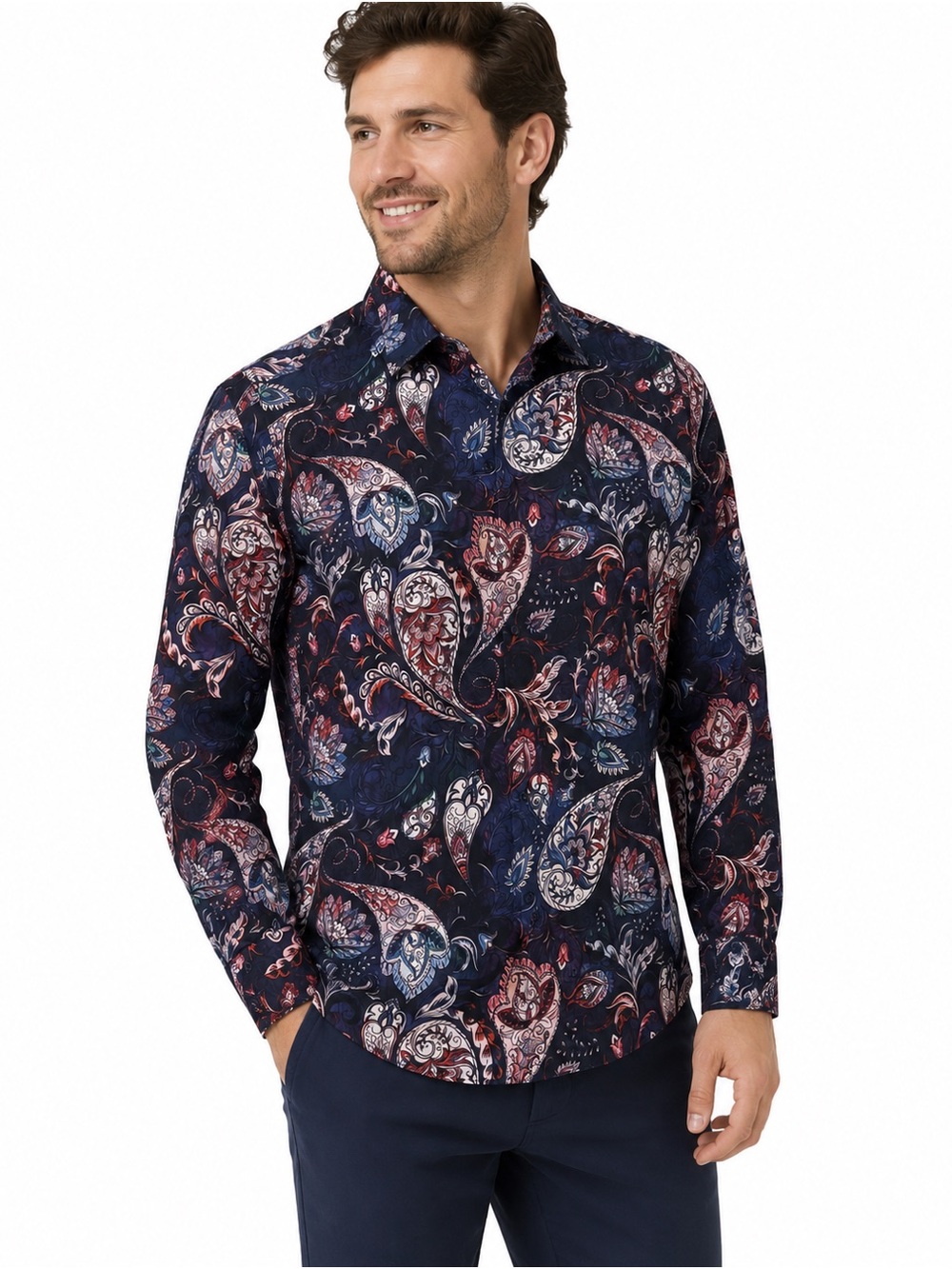 Robert Graham Navy Paisley Button-Down Shirt with Red and Cream Accents 2XL